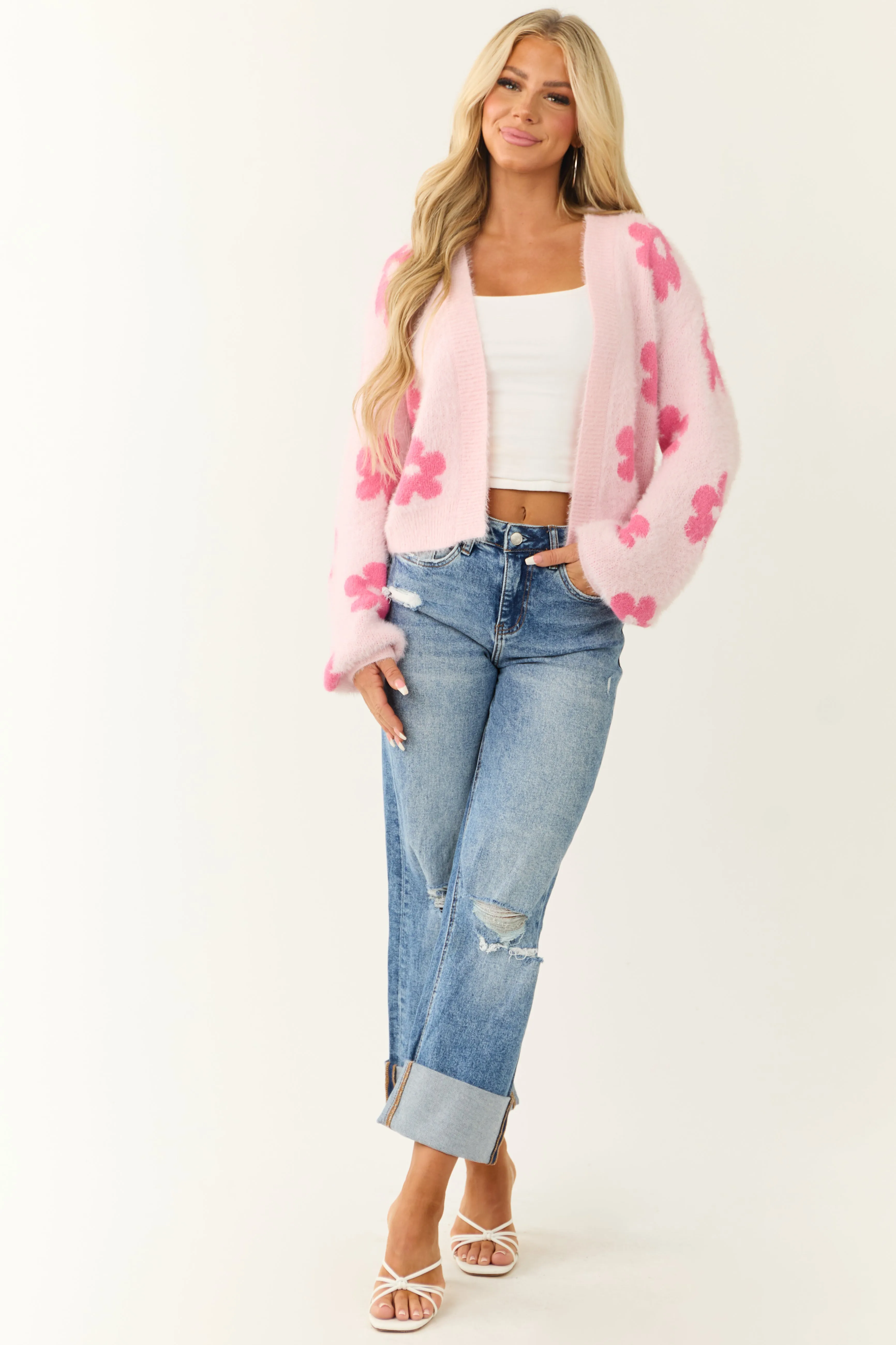 Blush Floral Print Open Front Textured Cardigan