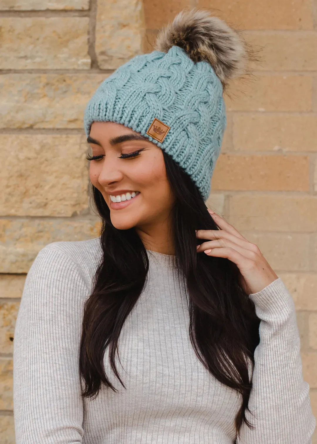 Braided Knit Hat with Faux Fur Pom