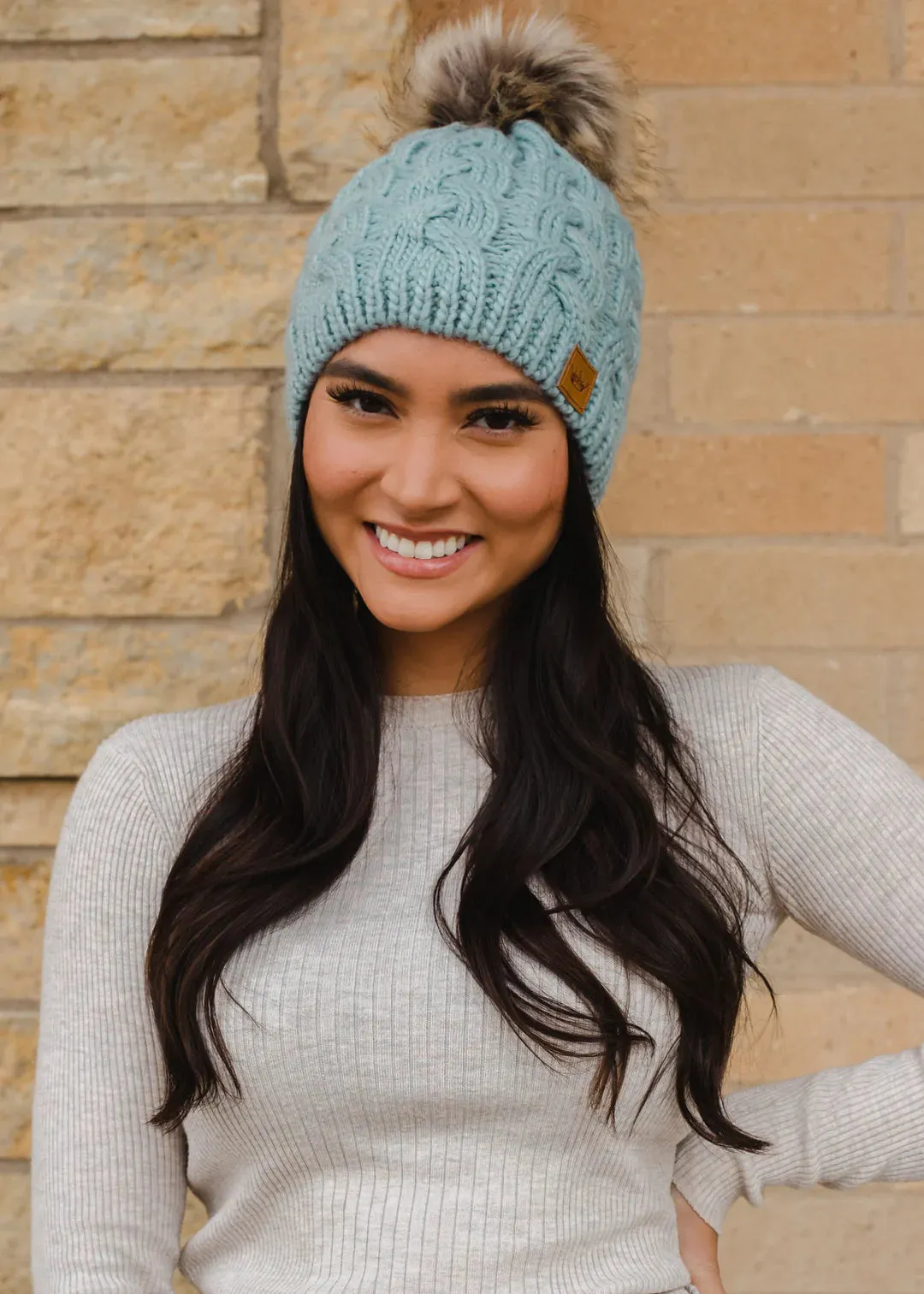 Braided Knit Hat with Faux Fur Pom