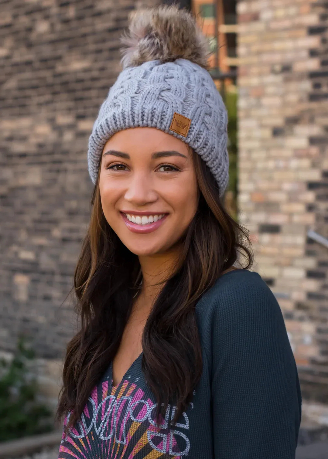 Braided Knit Hat with Faux Fur Pom