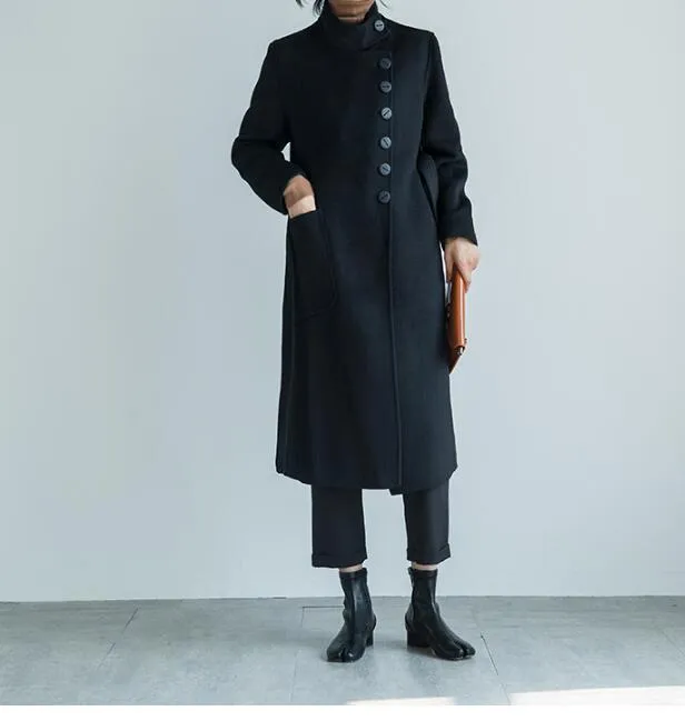 Buttons Black Women Winter Black Long Women Wool Coat Jacket 2155