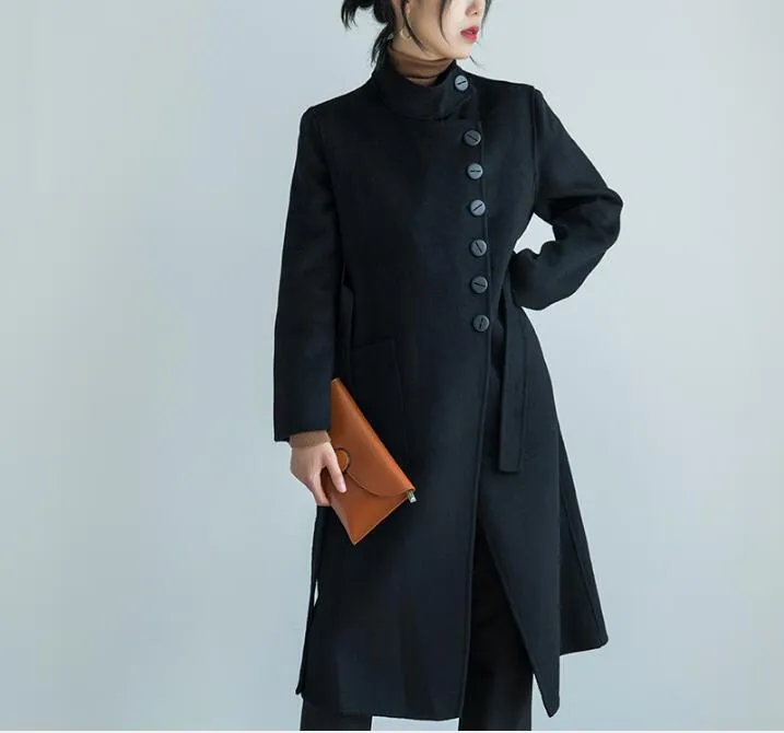 Buttons Black Women Winter Black Long Women Wool Coat Jacket 2155