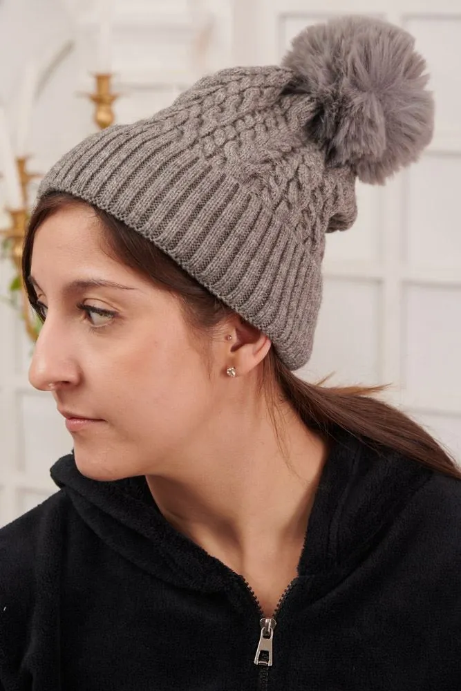 Cable Knit Pattern Pom Pom Beanie Hat