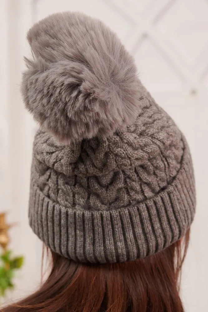 Cable Knit Pattern Pom Pom Beanie Hat