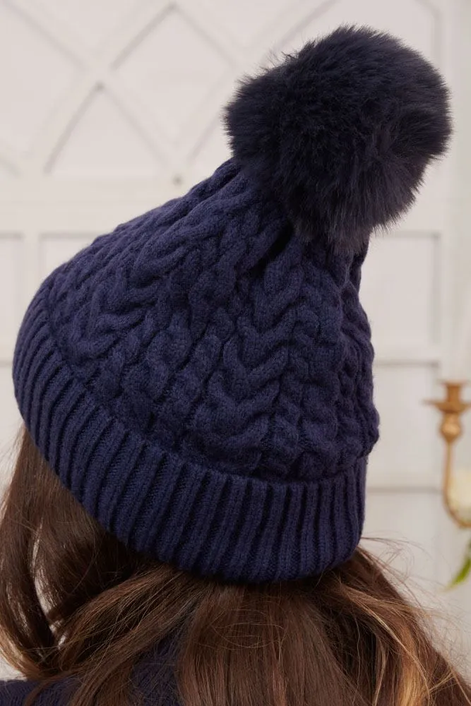 Cable Knit Pattern Pom Pom Beanie Hat