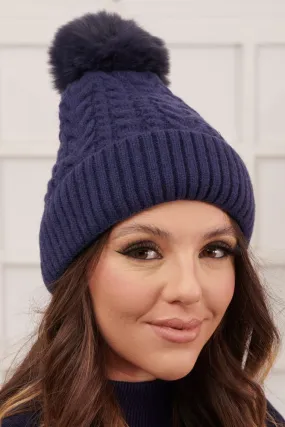 Cable Knit Pattern Pom Pom Beanie Hat