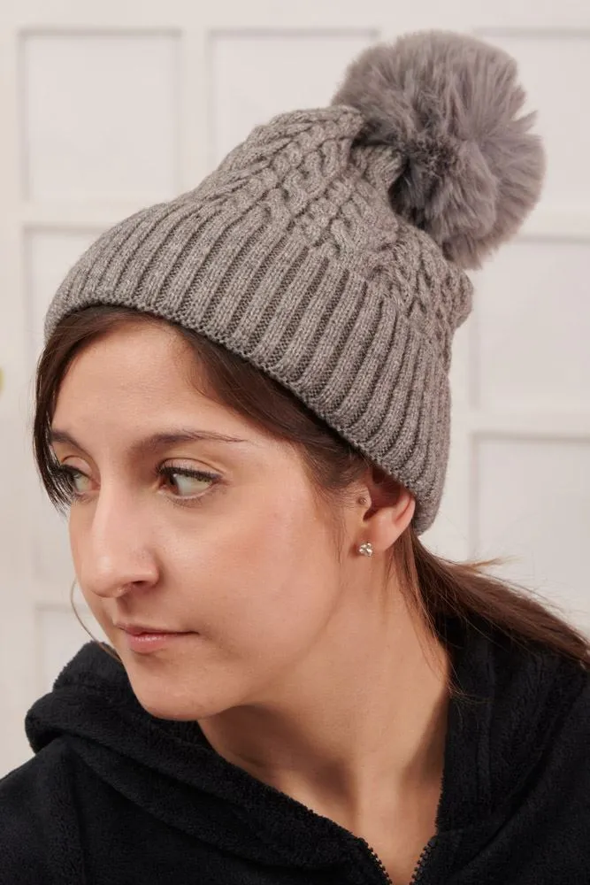 Cable Knit Pattern Pom Pom Beanie Hat