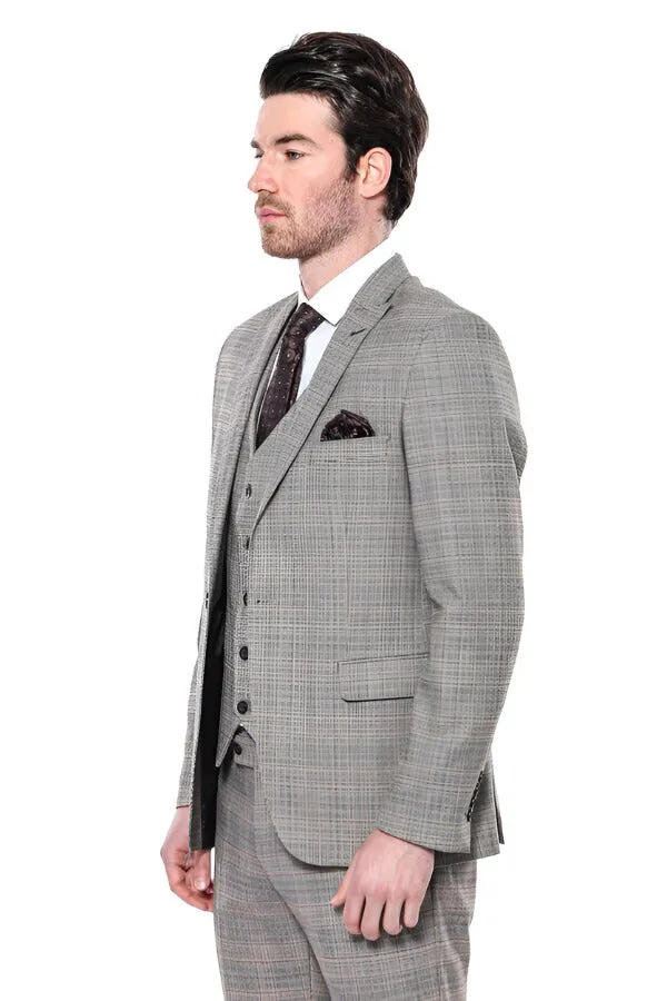 Checked Slim-Fit Cream Men Blazer - Wessi