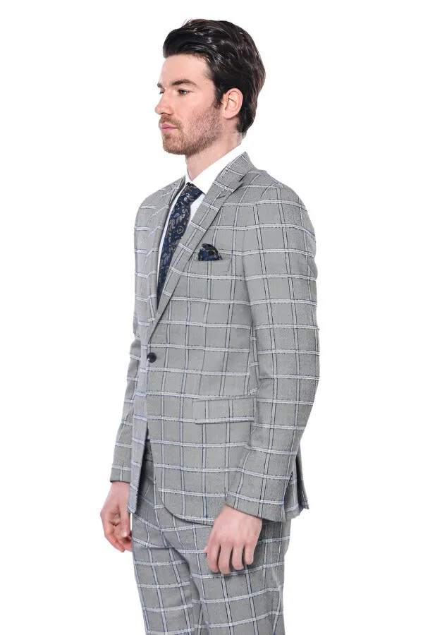 Checked Slim-Fit Grey Men Blazer - Wessi