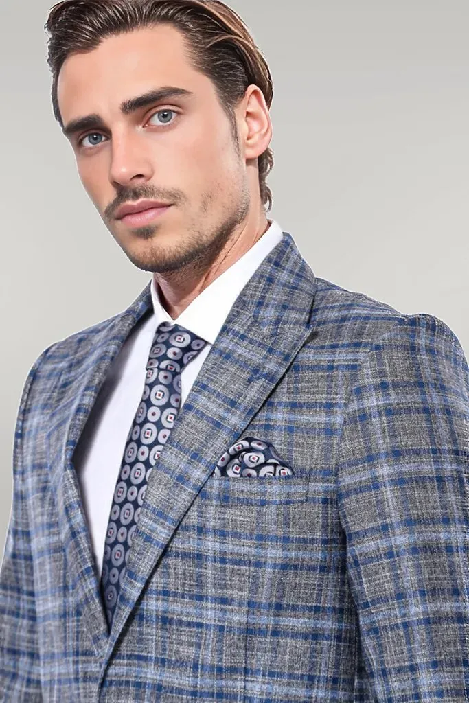 Checked Slim-Fit Single Button Navy Blue Men Blazer - Wessi