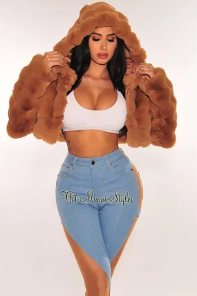 Chestnut Hooded Faux Fur Crop Jacket