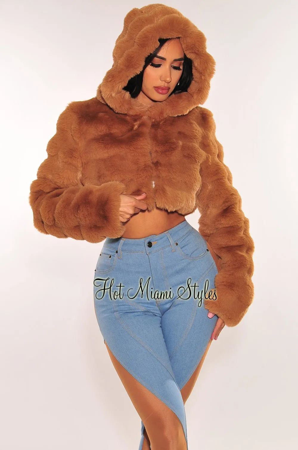 Chestnut Hooded Faux Fur Crop Jacket