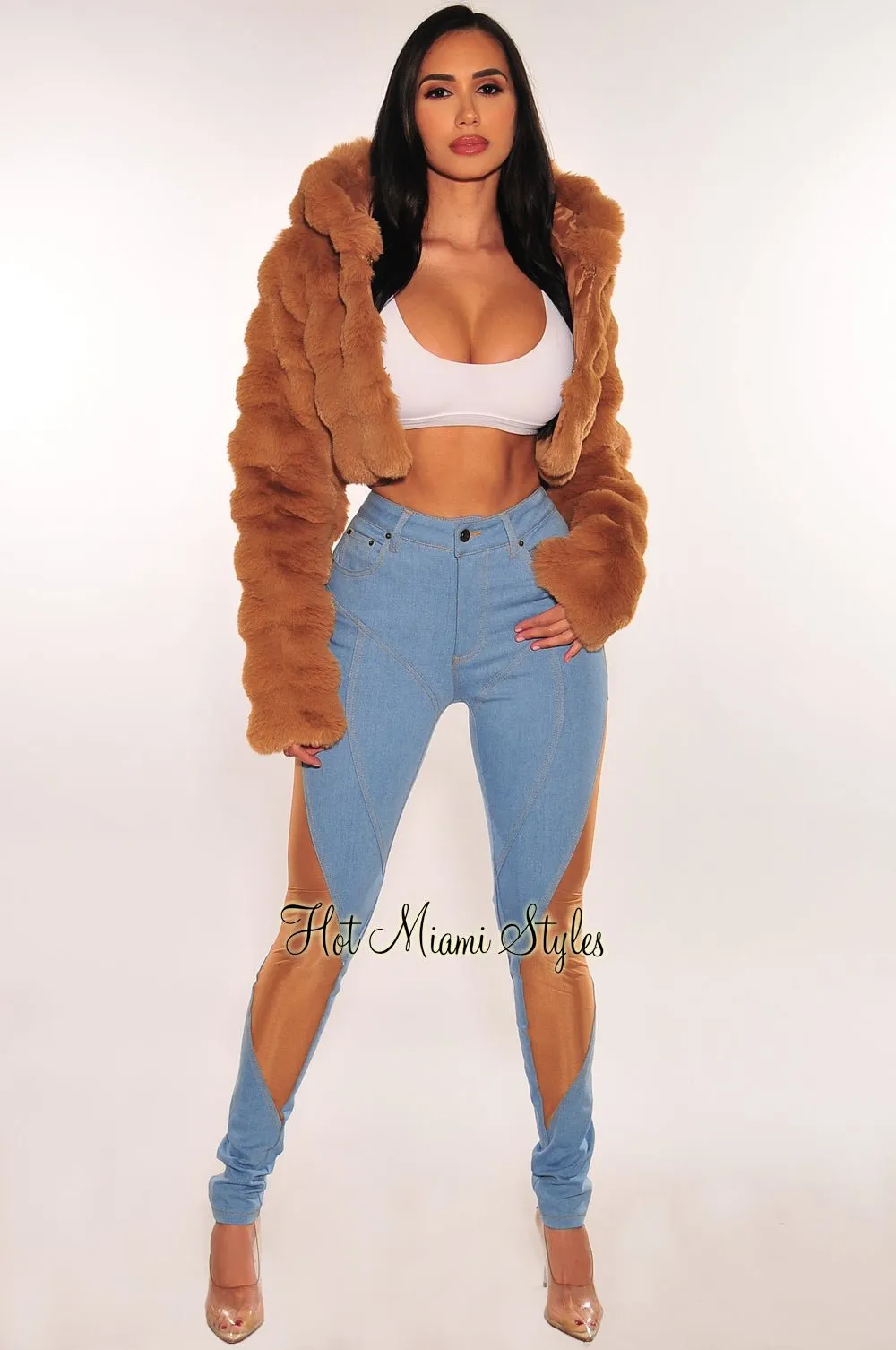 Chestnut Hooded Faux Fur Crop Jacket