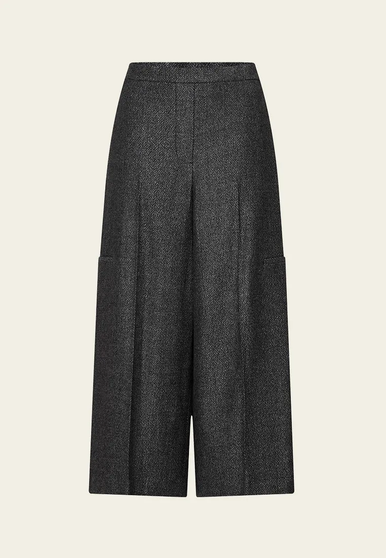 Chevron Pleated Detail Wide-leg Tweed Trousers