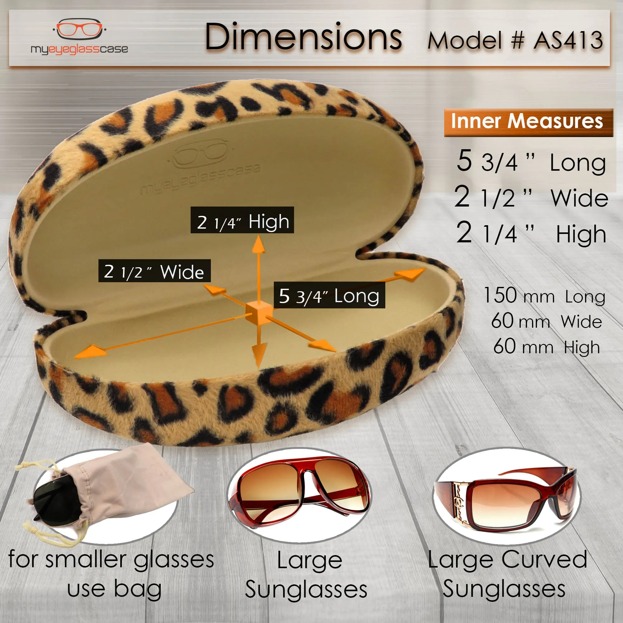 Chic Extra large Sunglasses case in Leopard Animal Print for Curved Frames - Glasses Holder with Pouch & Cloth (AS413 Leopard)