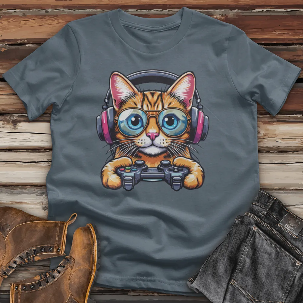 Cool Cat Holding Gaming Controller Cotton Tee