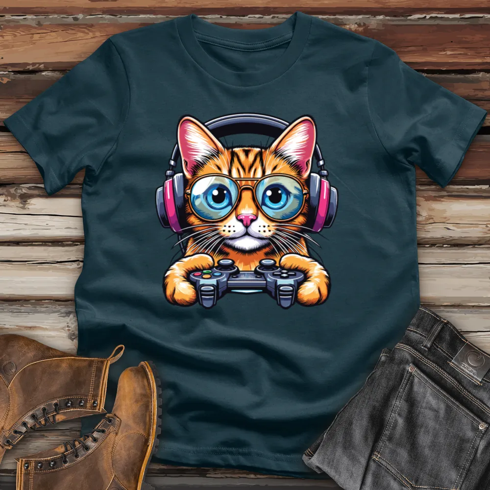 Cool Cat Holding Gaming Controller Cotton Tee