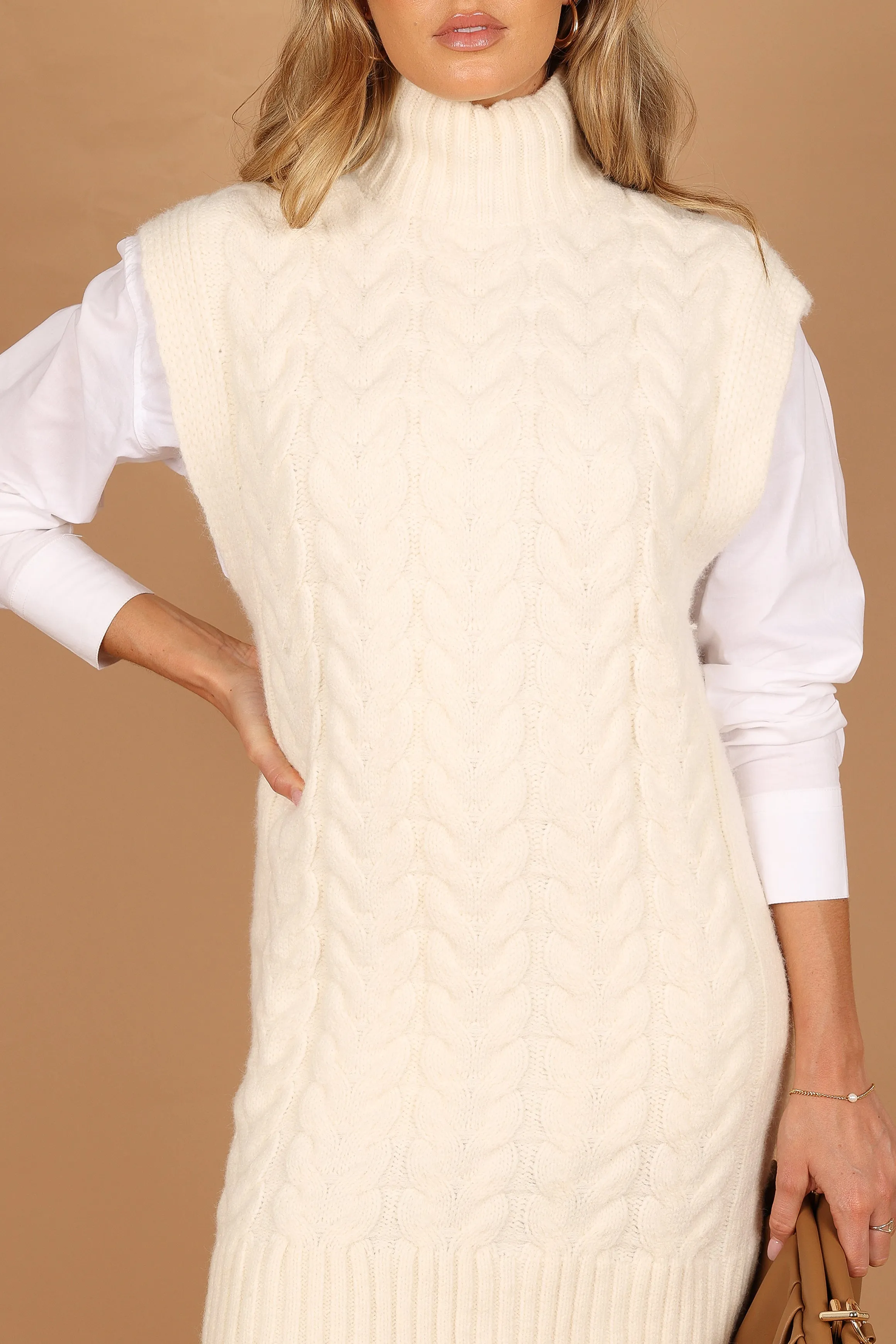 Cozette Turtle Neck Sleeveless Mini Knit Dress - Cream