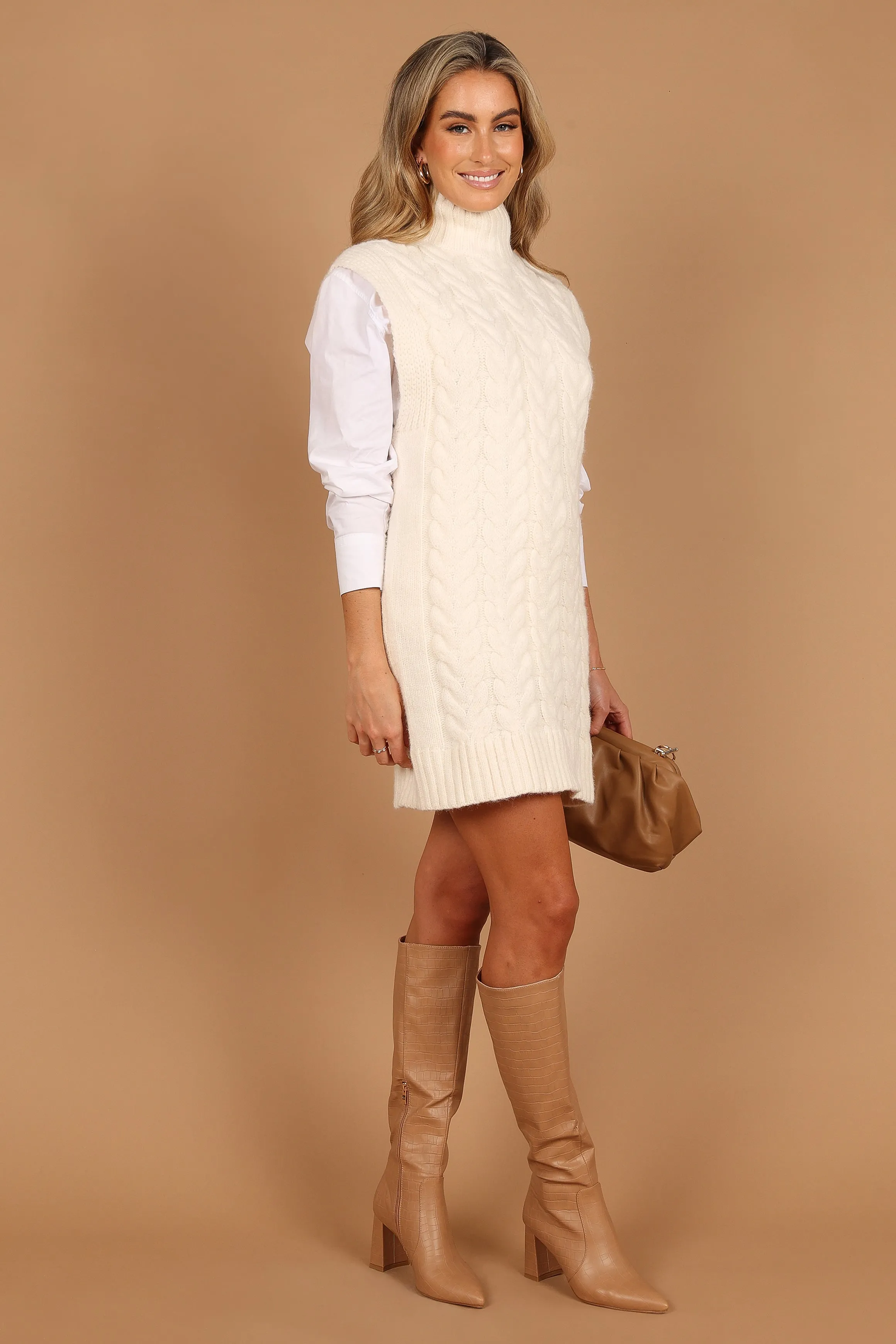 Cozette Turtle Neck Sleeveless Mini Knit Dress - Cream