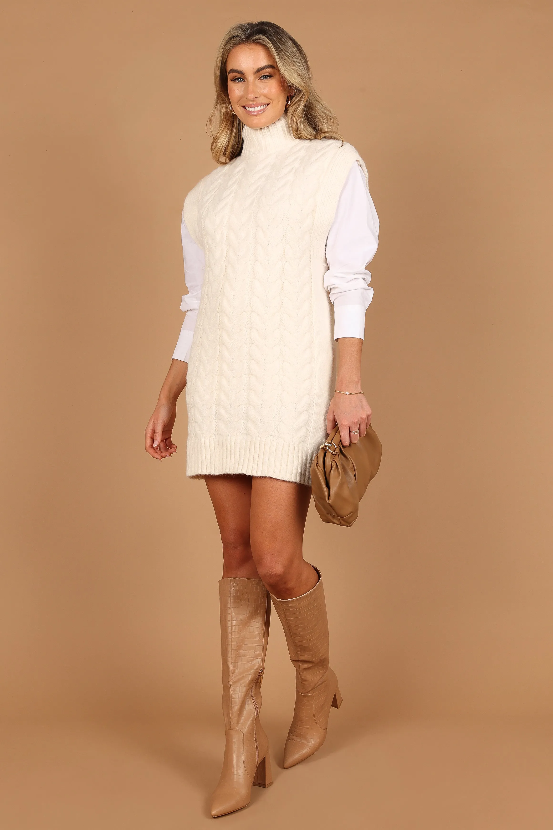 Cozette Turtle Neck Sleeveless Mini Knit Dress - Cream