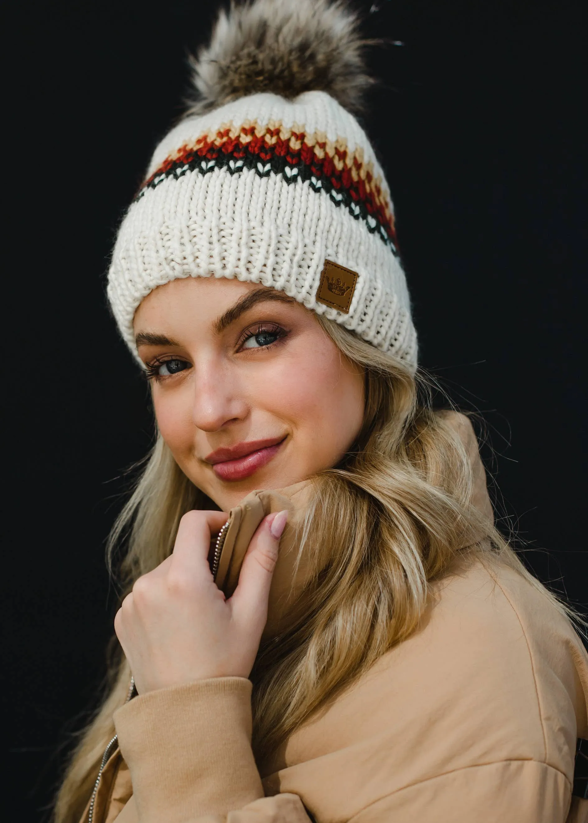 ***Cream, Mustard, Rust & Olive Patterned Pom Hat