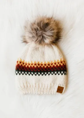 ***Cream, Mustard, Rust & Olive Patterned Pom Hat