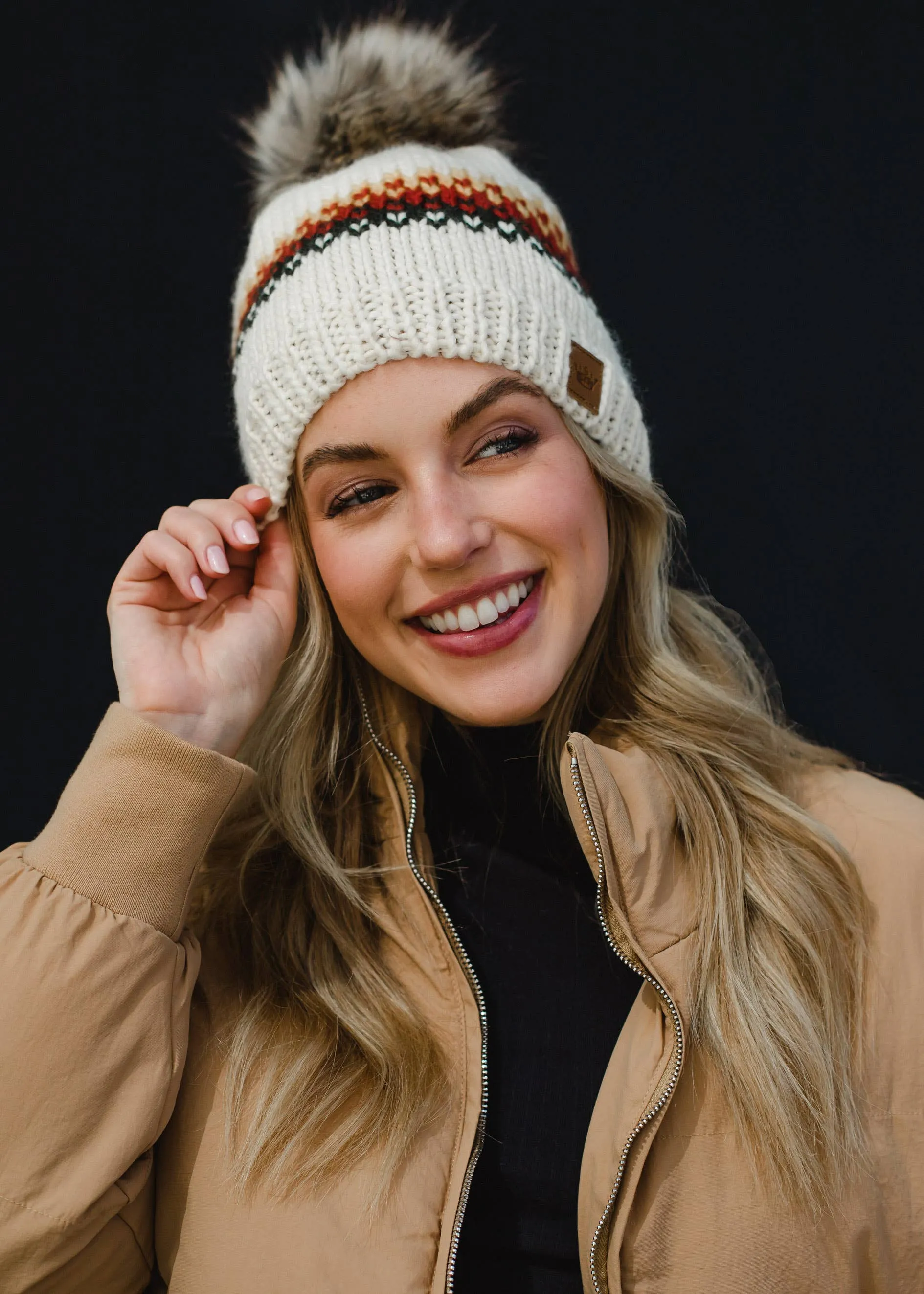 ***Cream, Mustard, Rust & Olive Patterned Pom Hat