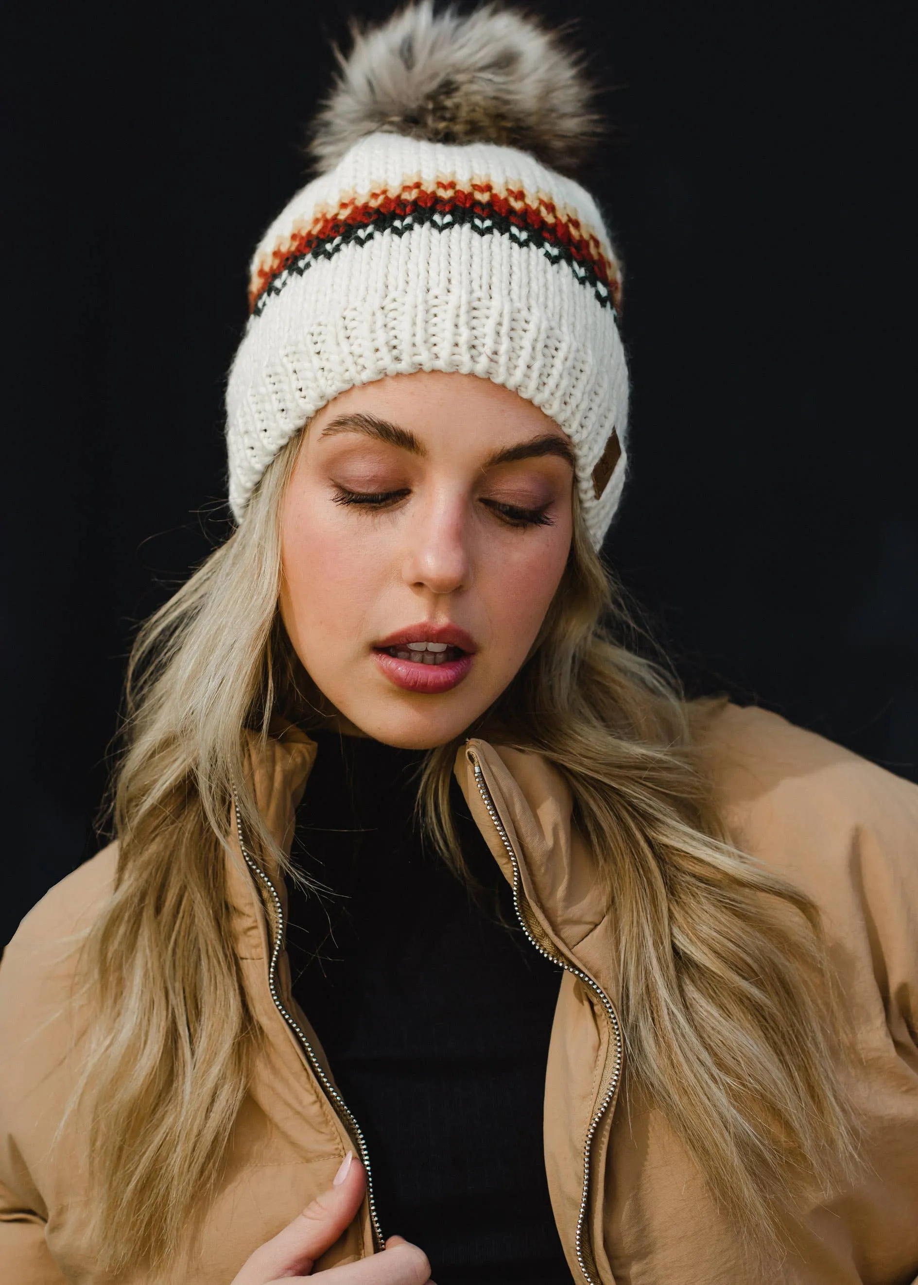 ***Cream, Mustard, Rust & Olive Patterned Pom Hat