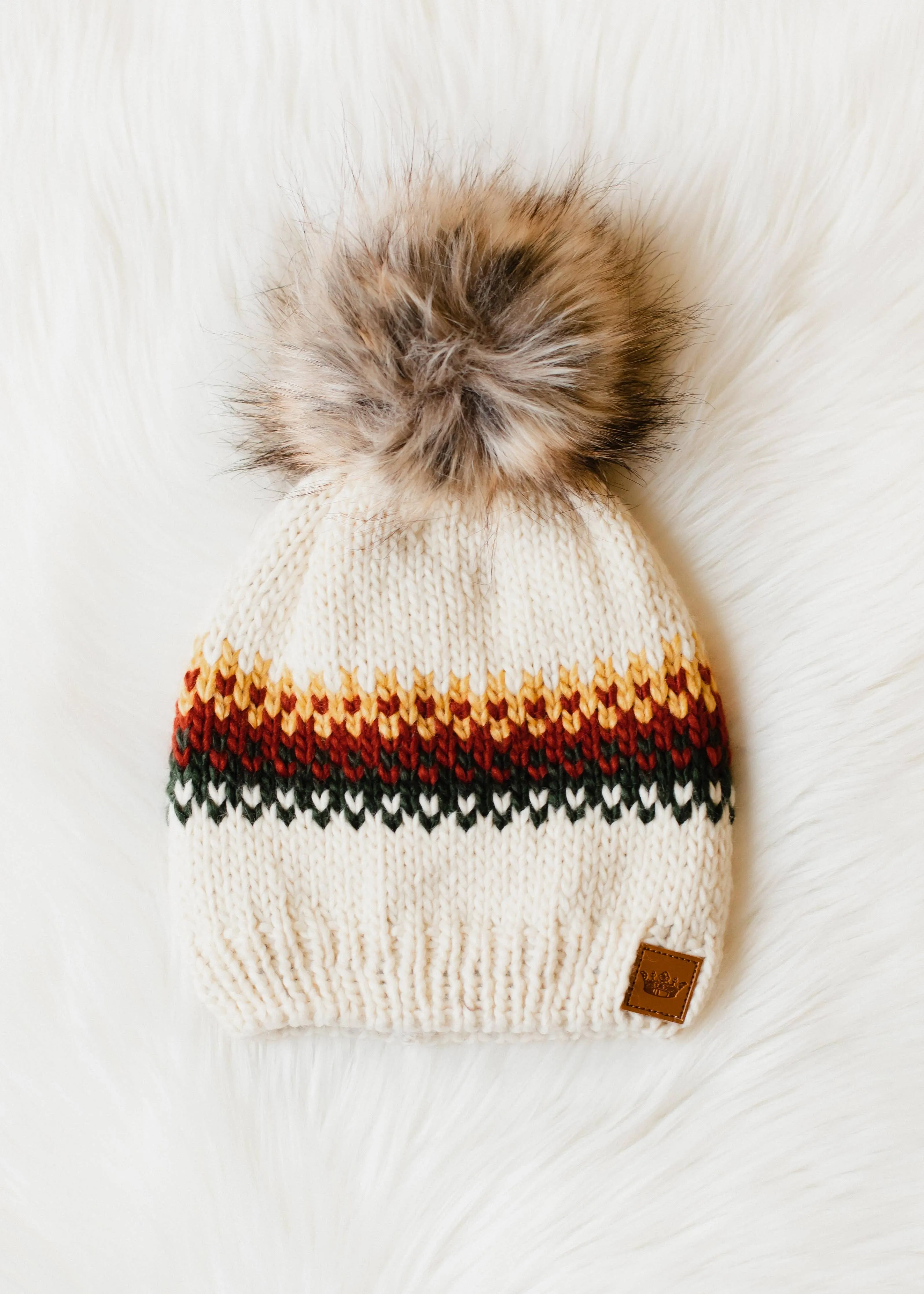 ***Cream, Mustard, Rust & Olive Patterned Pom Hat