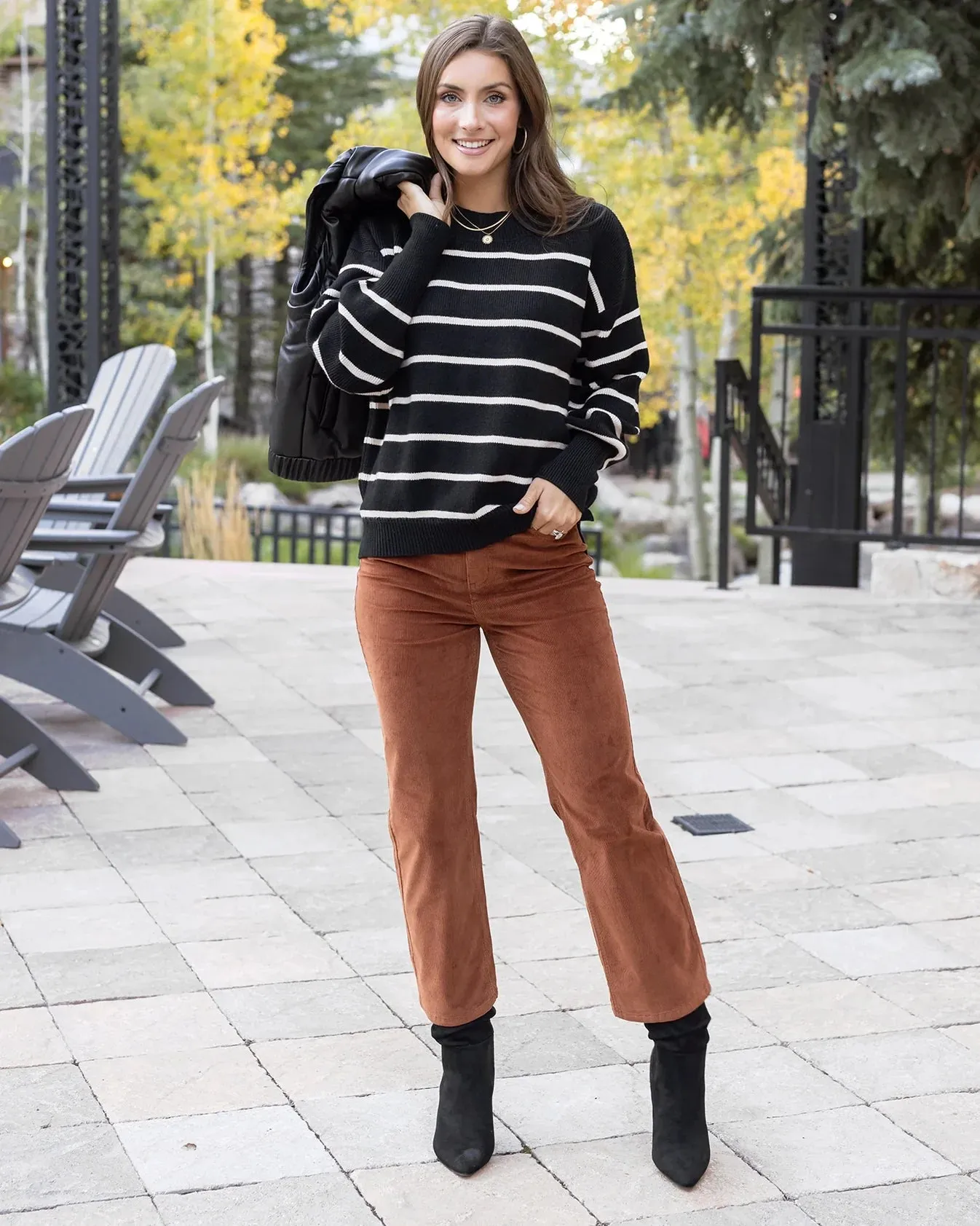 Crew Neck Striped Sweater in Black Stripe by Grace & Lace (Ships in 1-2 Weeks)