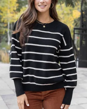 Crew Neck Striped Sweater in Black Stripe by Grace & Lace (Ships in 1-2 Weeks)