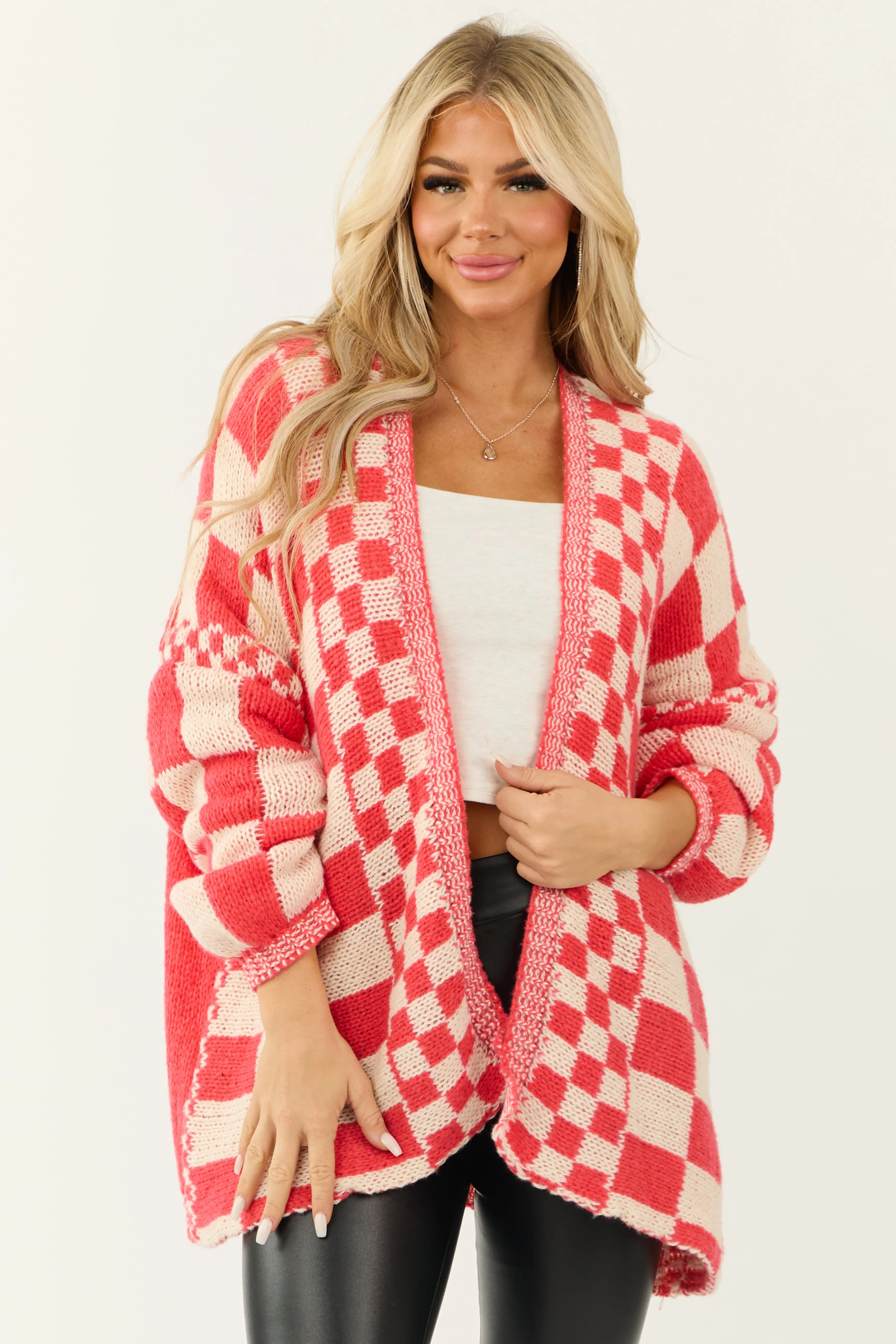 Crimson and Cream Checkered Open Front Cardigan