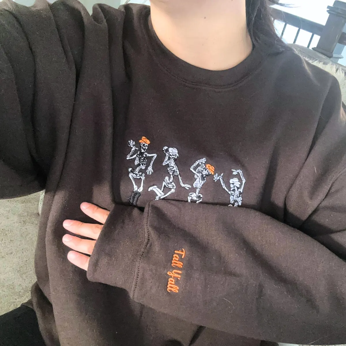 Dancing Skeletons Sweatshirt, Halloween Crewneck Embroidered