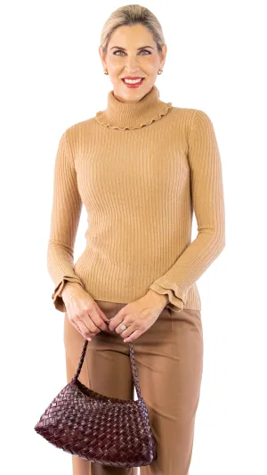 Daviah Rib Ruffle Turtleneck - Baby Camel