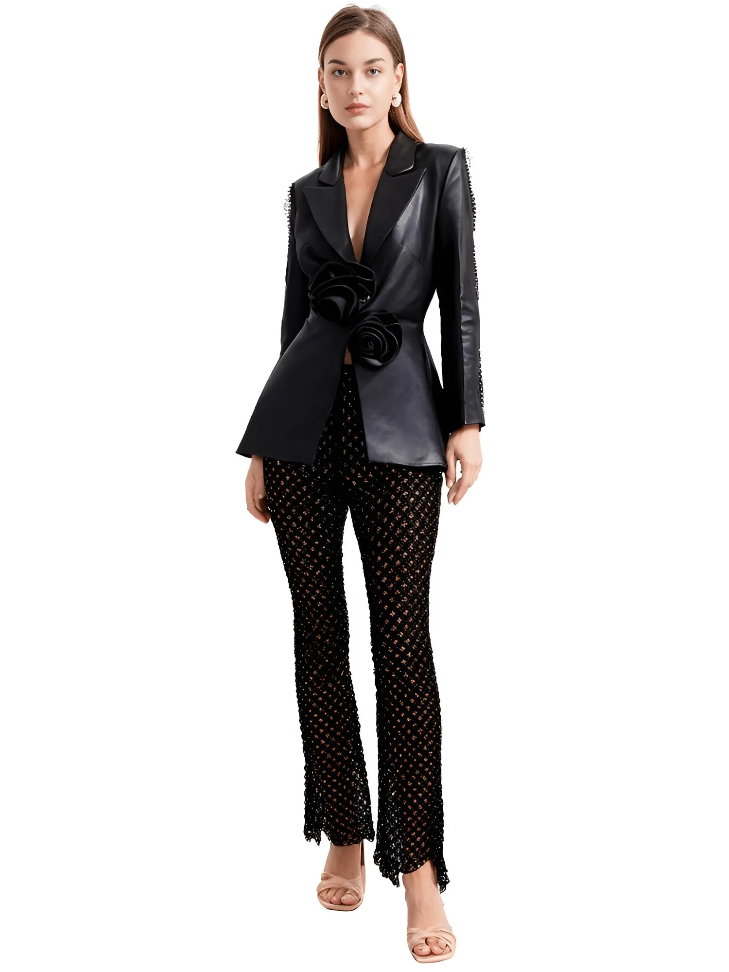 Designer Runway Fashion Women's Hollow Out Pearl Beaded Blazer & Gauze Pants