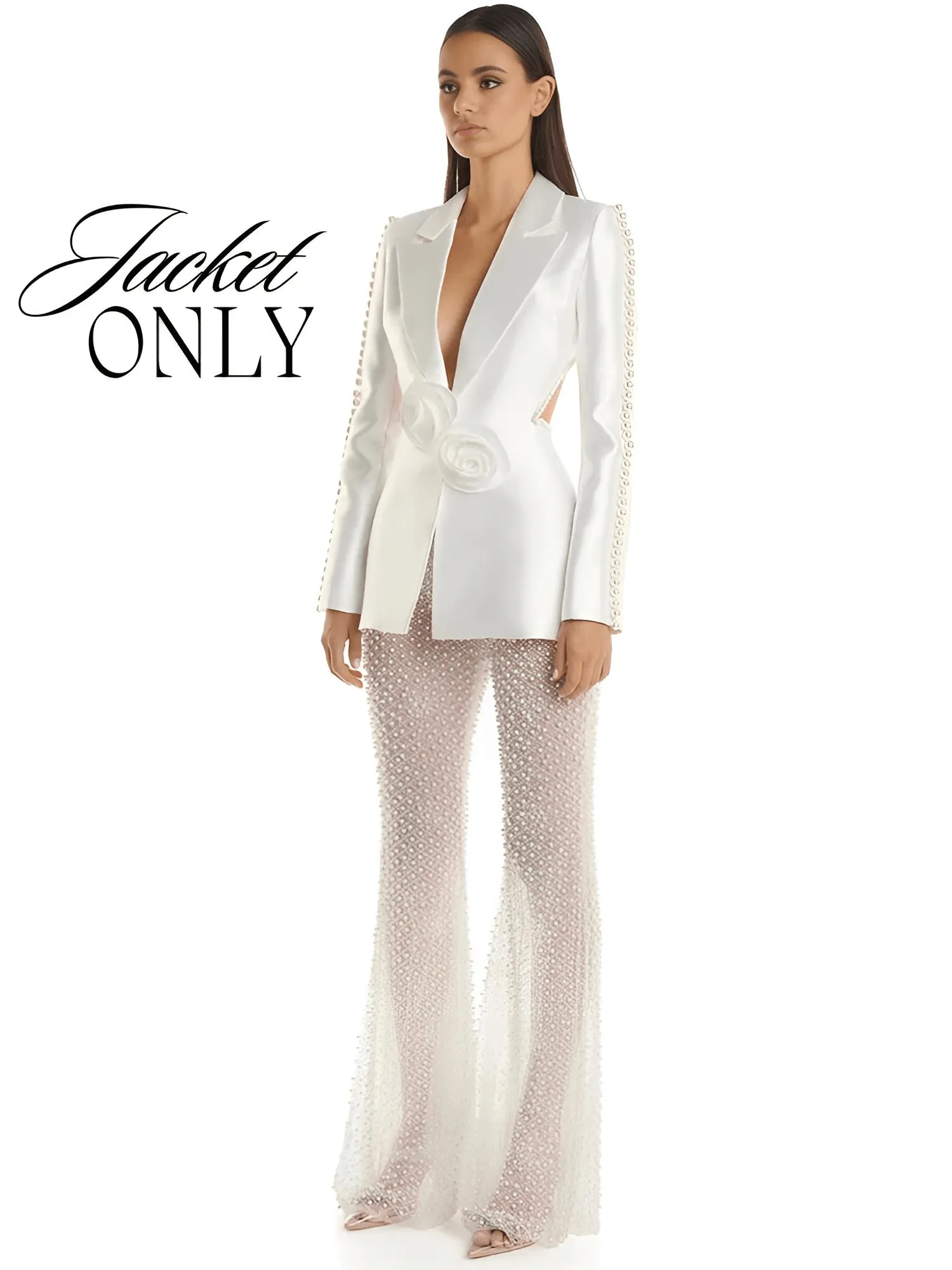 Designer Runway Fashion Women's Hollow Out Pearl Beaded Blazer & Gauze Pants