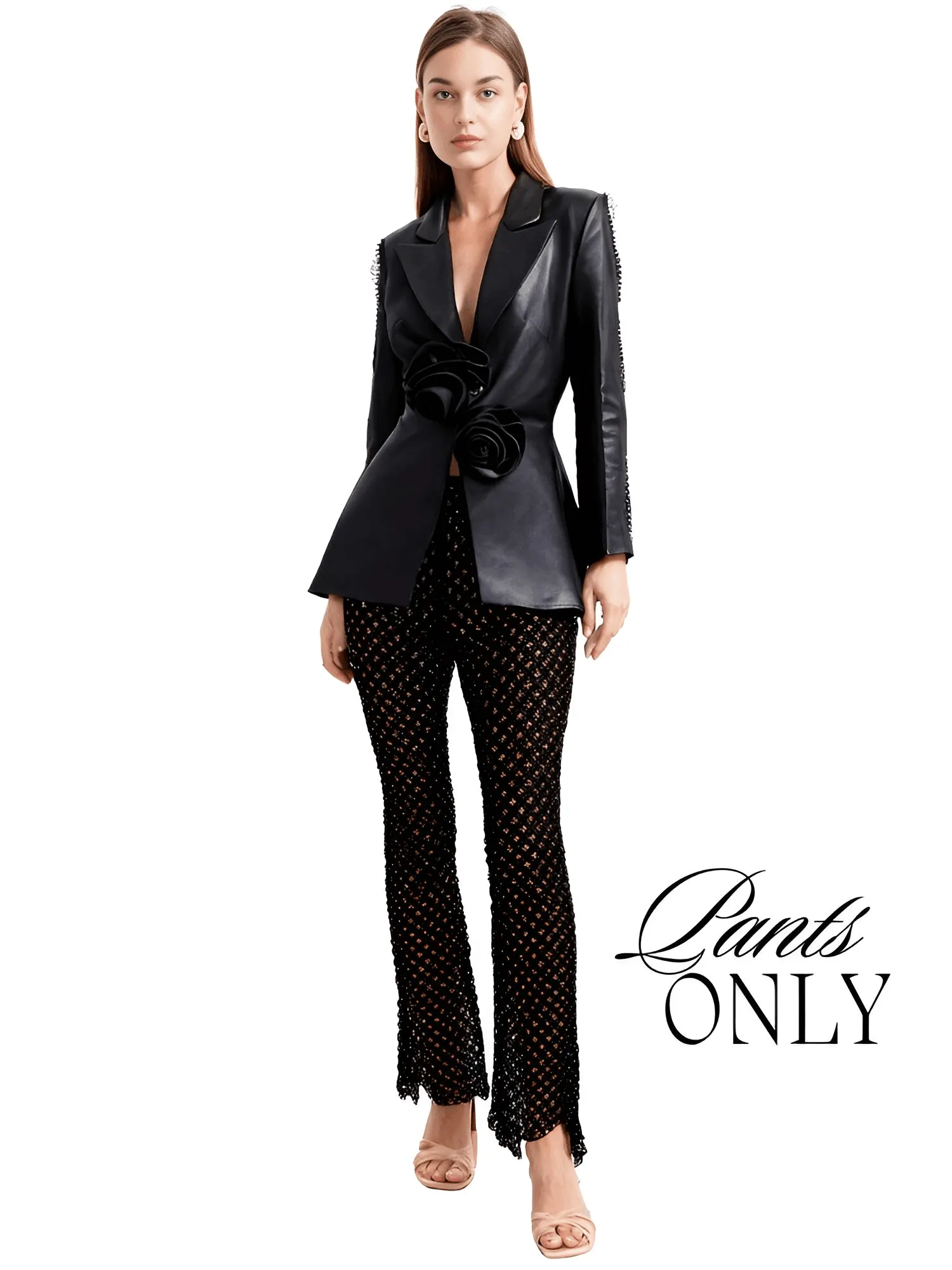 Designer Runway Fashion Women's Hollow Out Pearl Beaded Blazer & Gauze Pants