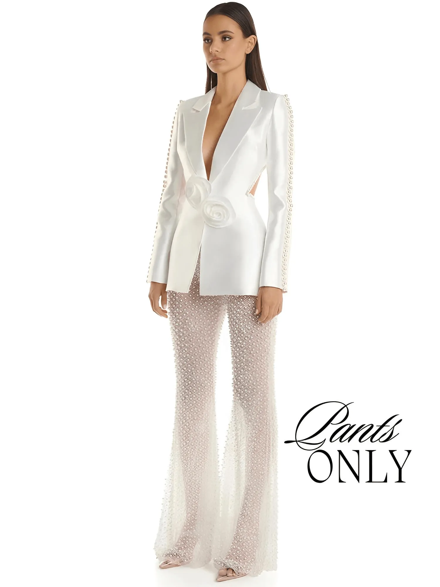 Designer Runway Fashion Women's Hollow Out Pearl Beaded Blazer & Gauze Pants