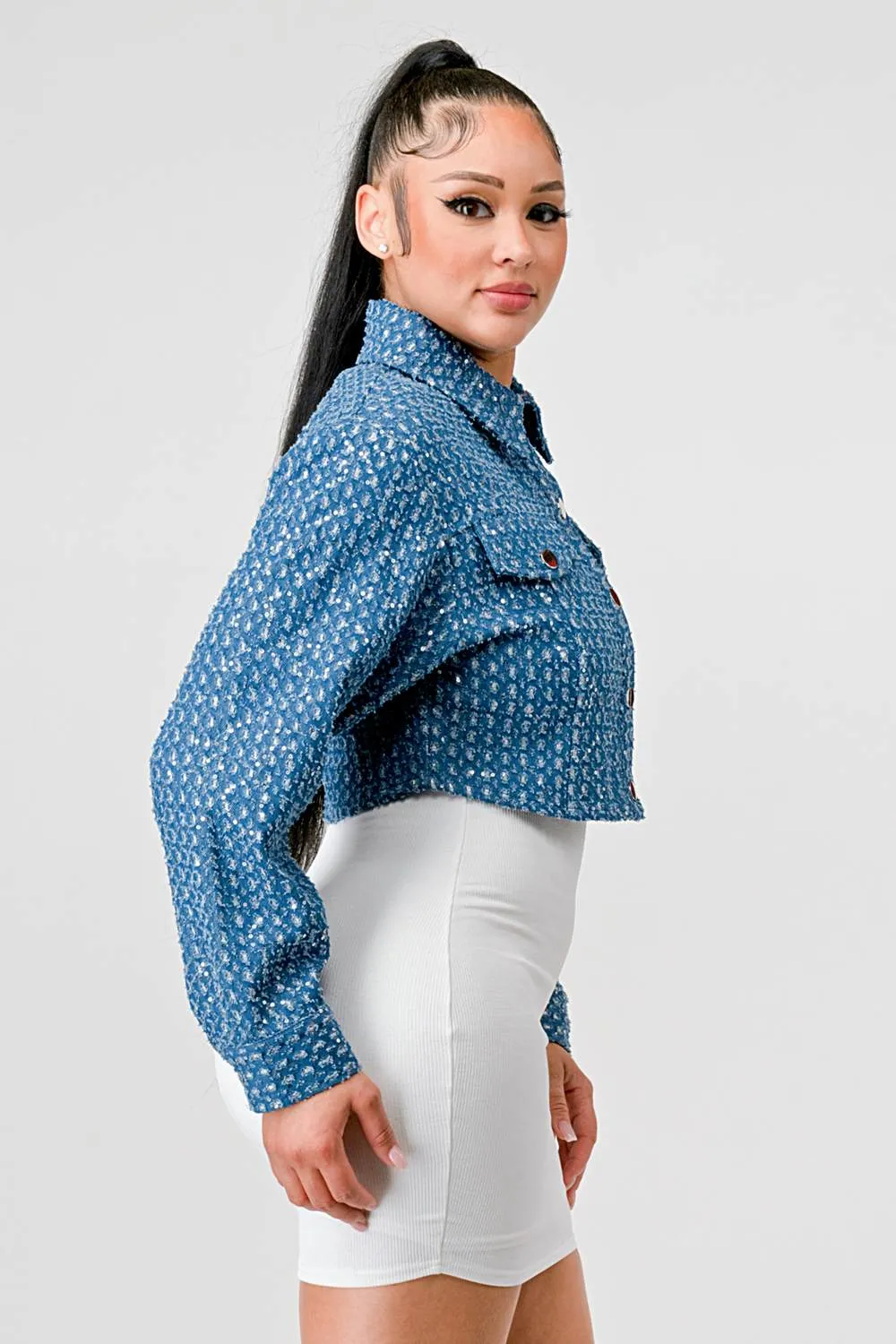 DISTRESS DENIM SEQUINS TEXTURE CROPPED JACKET