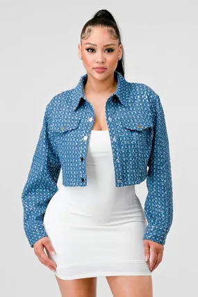 DISTRESS DENIM SEQUINS TEXTURE CROPPED JACKET