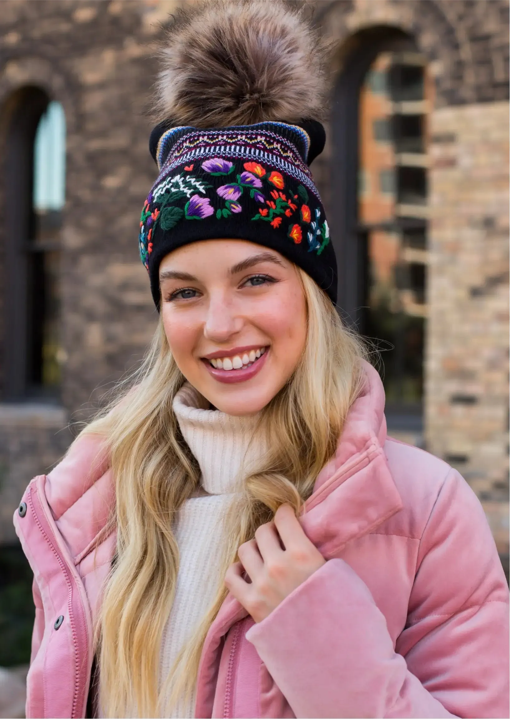 Embroidered Knit Hat with Faux Fur Pom