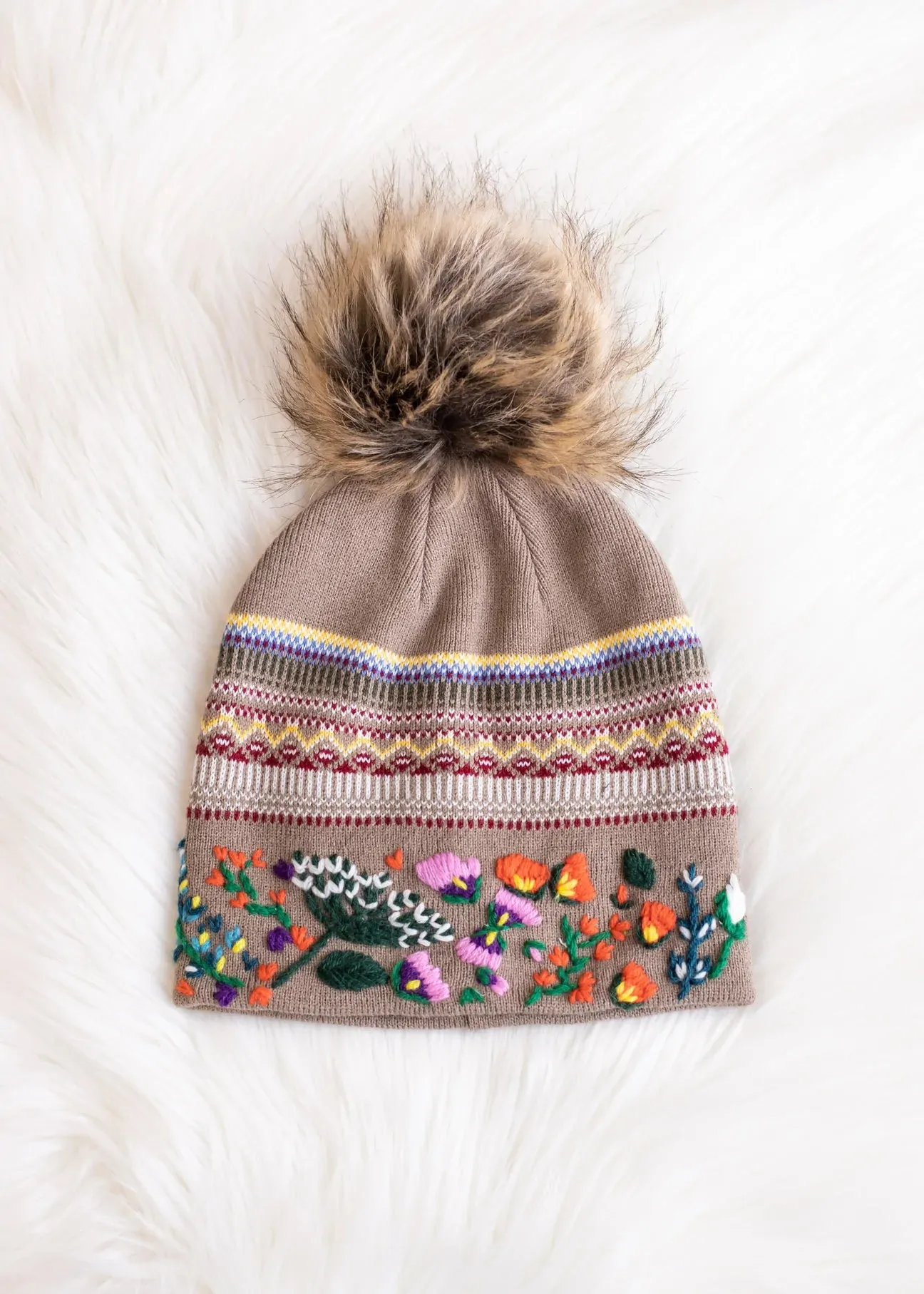 Embroidered Knit Hat with Faux Fur Pom