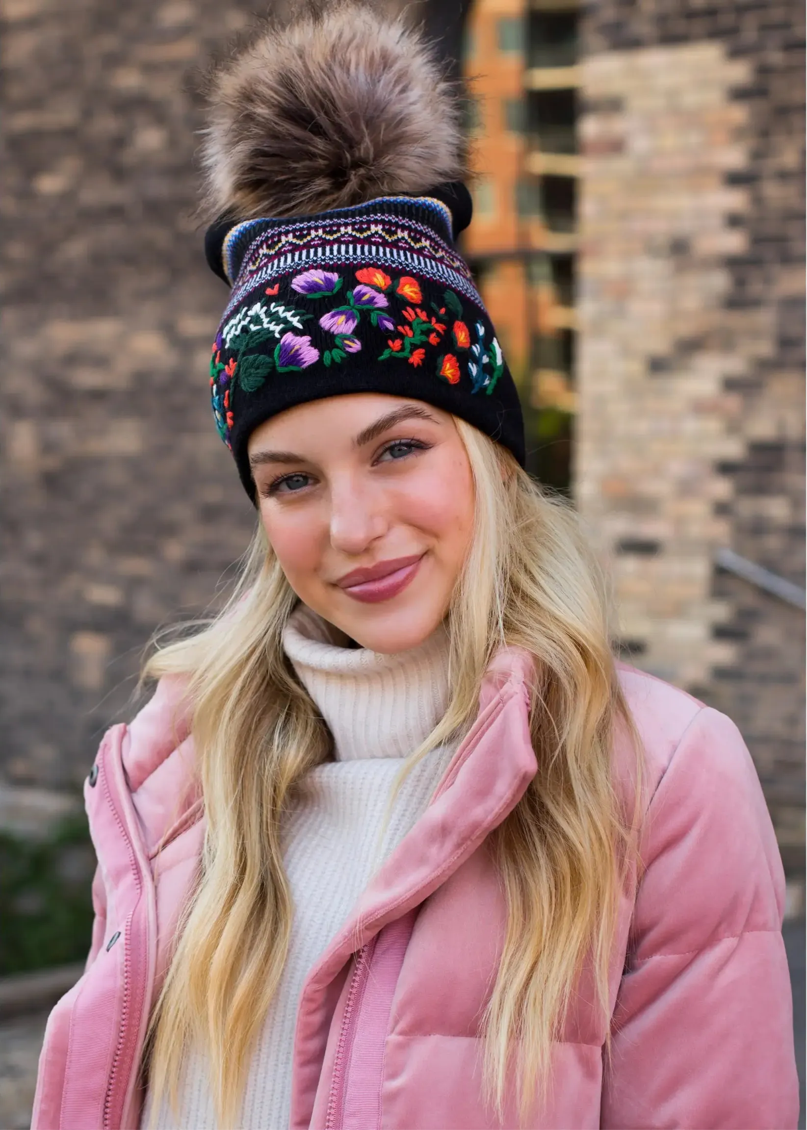 Embroidered Knit Hat with Faux Fur Pom