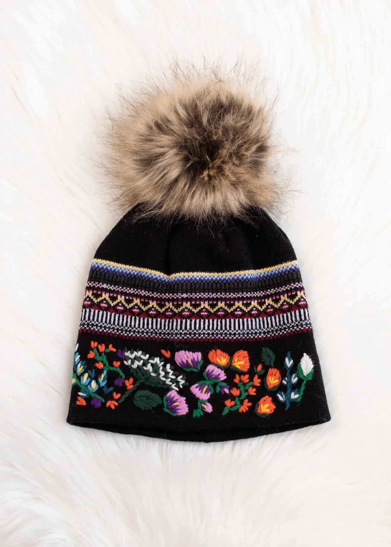 Embroidered Knit Hat with Faux Fur Pom