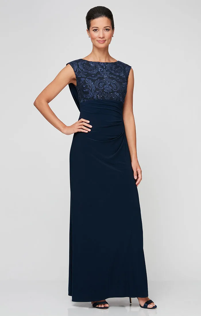 Empire Waist Dress with Matte Jersey Body and Cowl Back Detail with an Embroidered Sequin Lace Bodice