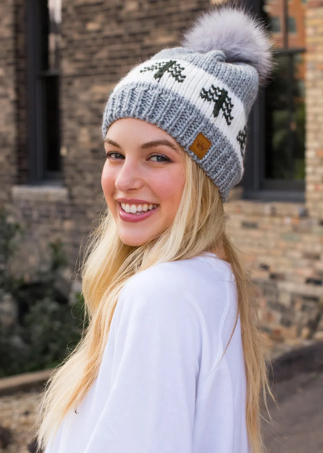 Evergreen Tree Knit Hat with Faux Fur Pom  with