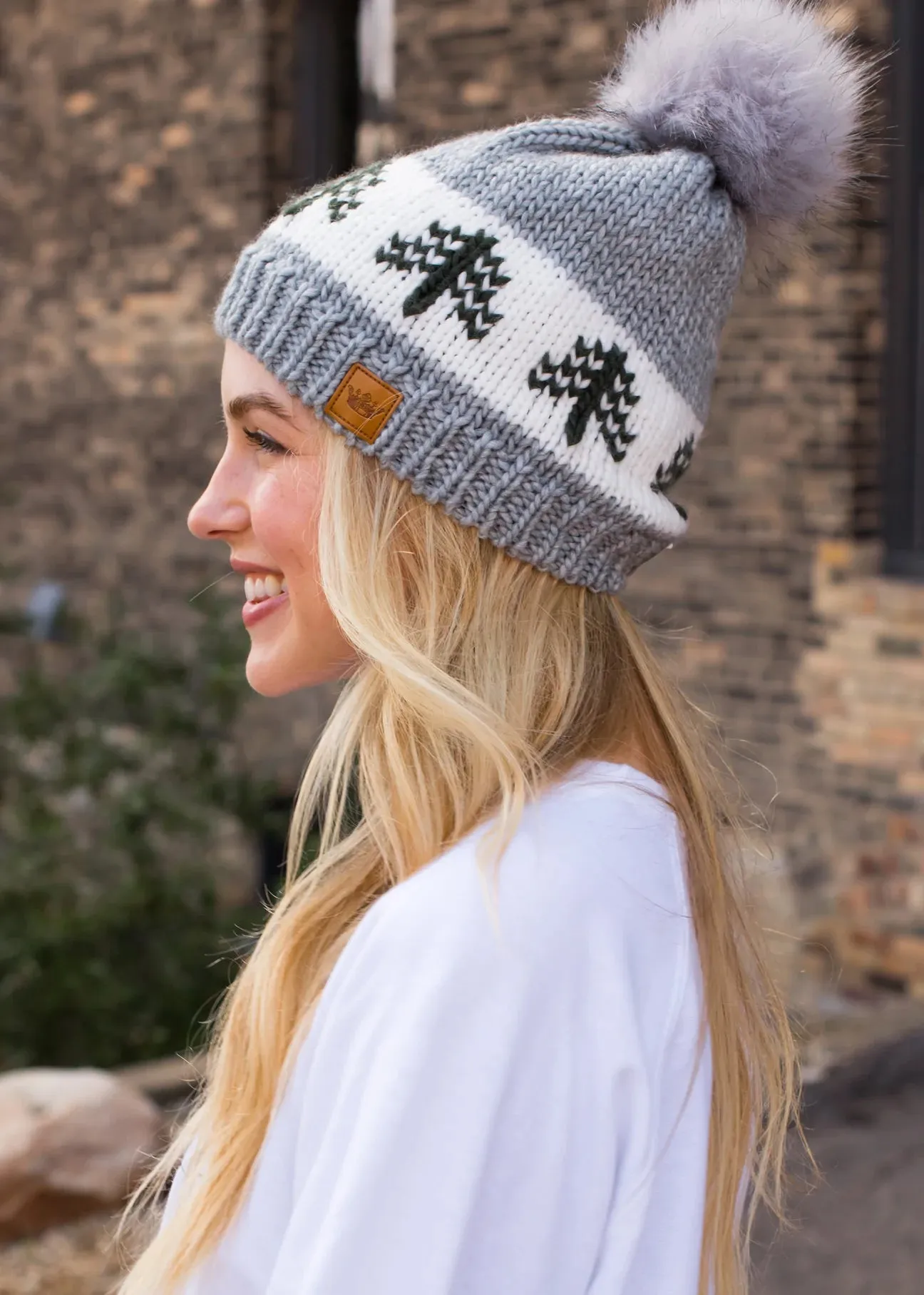 Evergreen Tree Knit Hat with Faux Fur Pom  with