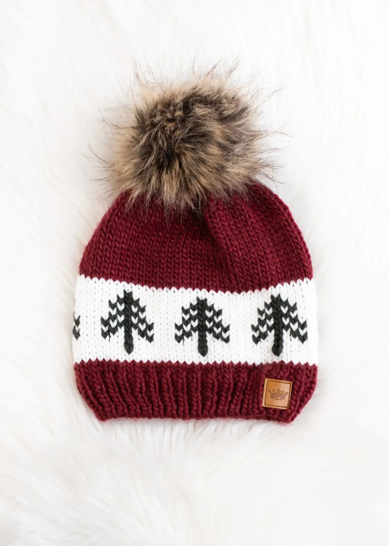 Evergreen Tree Knit Hat with Faux Fur Pom  with