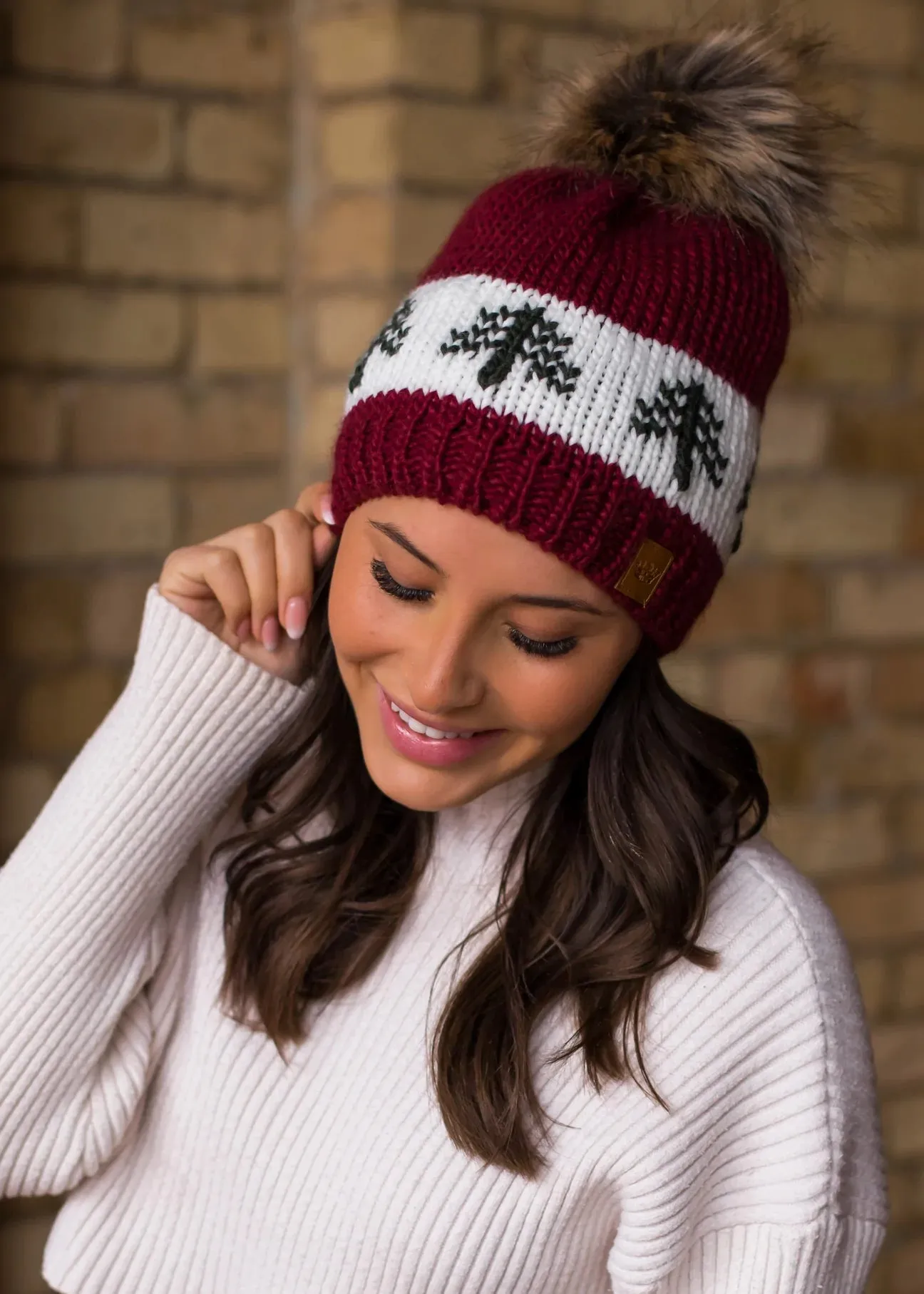 Evergreen Tree Knit Hat with Faux Fur Pom  with