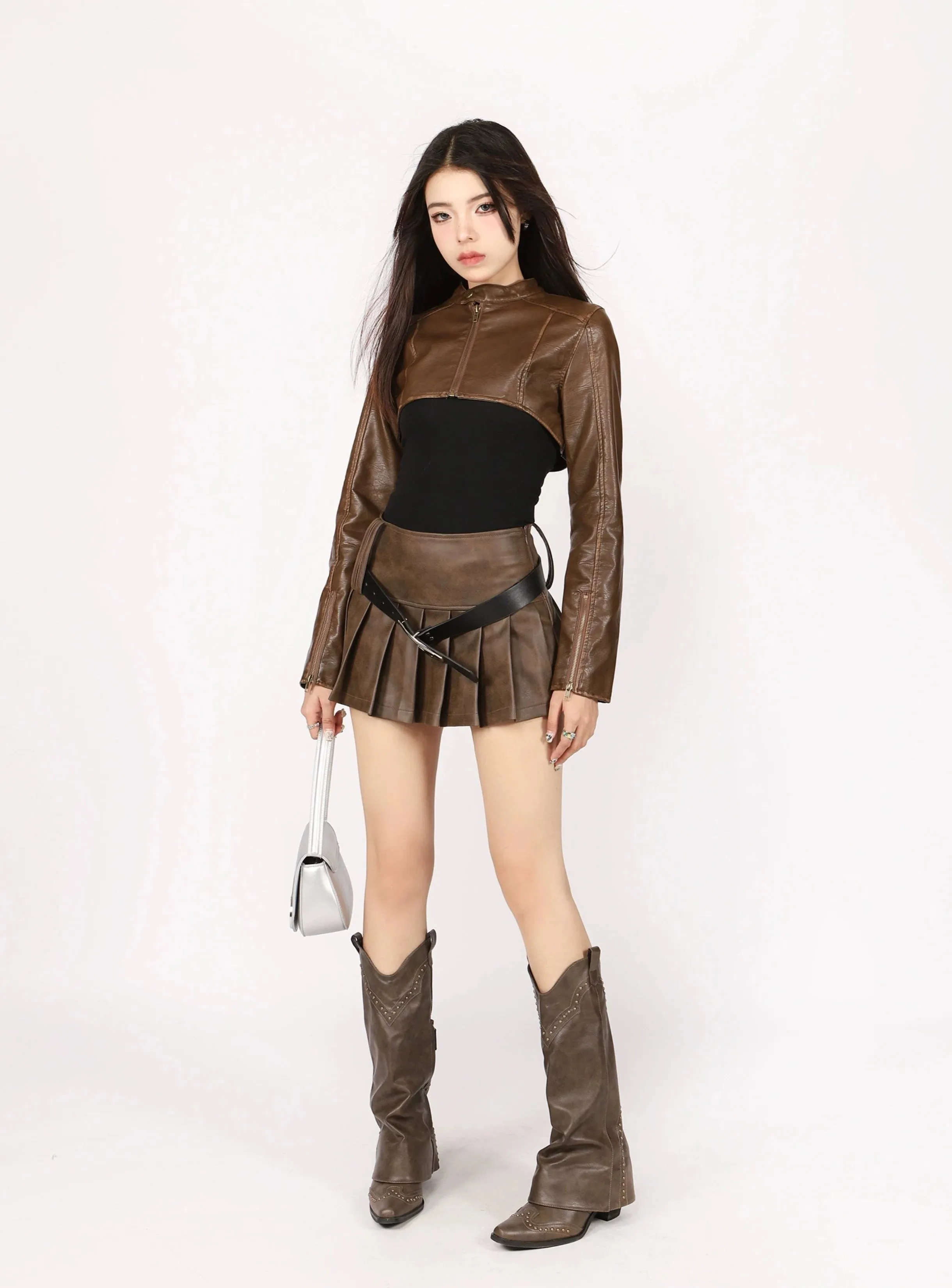 Extra-Cropped Moto Racer Jacket  and Pleated Mini Skirt Faux Leather Two-Piece Set